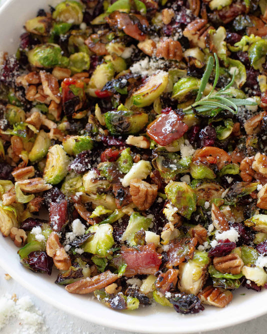 Sides: Caramelized Brussel Sprouts with Candied Bacon, Cranberries + Walnuts (gf)
